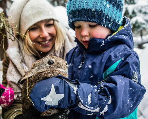Erwachsene Person und Kind halten gemeinsam ein Kaninchen im Arm in einer winterlichen Schneelandschaft.