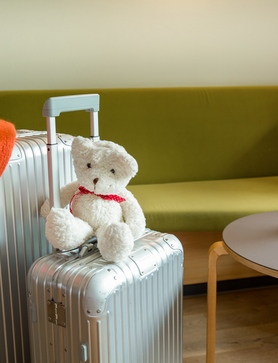 Kuscheltier sitzt auf einem Sofa in einem gemütlich eingerichteten Familienbereich.
