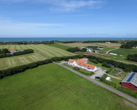 Luftaufnahme eines Bauernhofs mit roten Dächern, umgeben von grünen Feldern und ländlicher Landschaft