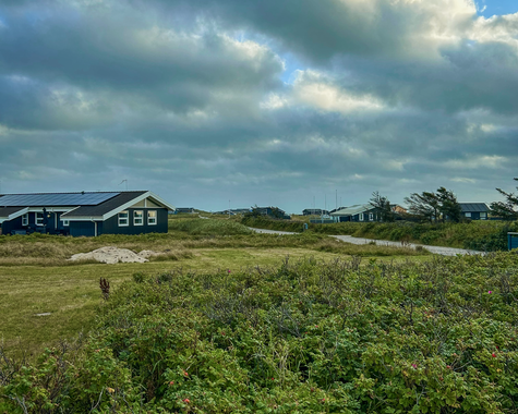 Weite Küstenlandschaft mit grüner Vegetation unterm Himmel mit großen Wolken