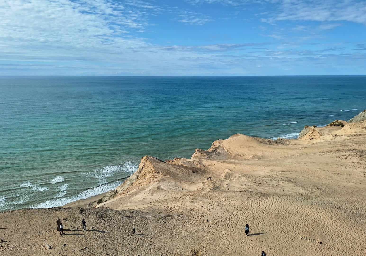 Küste mit sandigen Klippen und Blick auf das ruhige Meer unter blauem Himmel