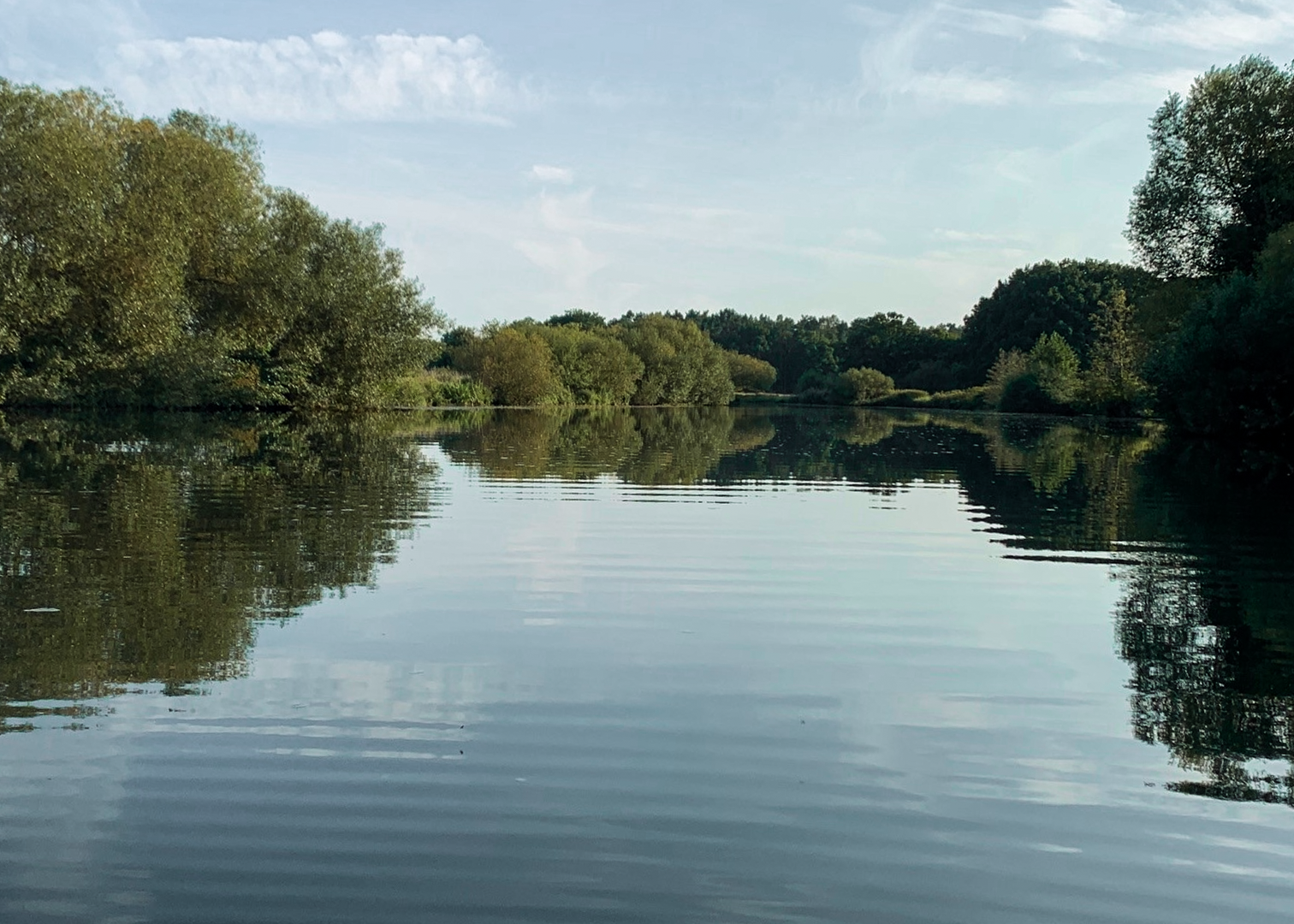 Ruhiger Fluss umgeben von dichtem Grün an beiden Ufern 