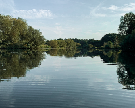 Ruhiger Fluss umgeben von dichtem Grün an beiden Ufern 