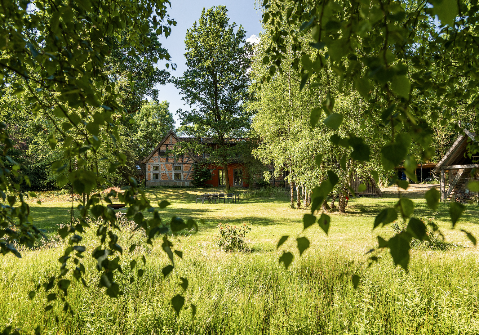 Sonnige Wiese mit hohem Gras vor einem Fachwerkhaus, umgeben von Bäumen