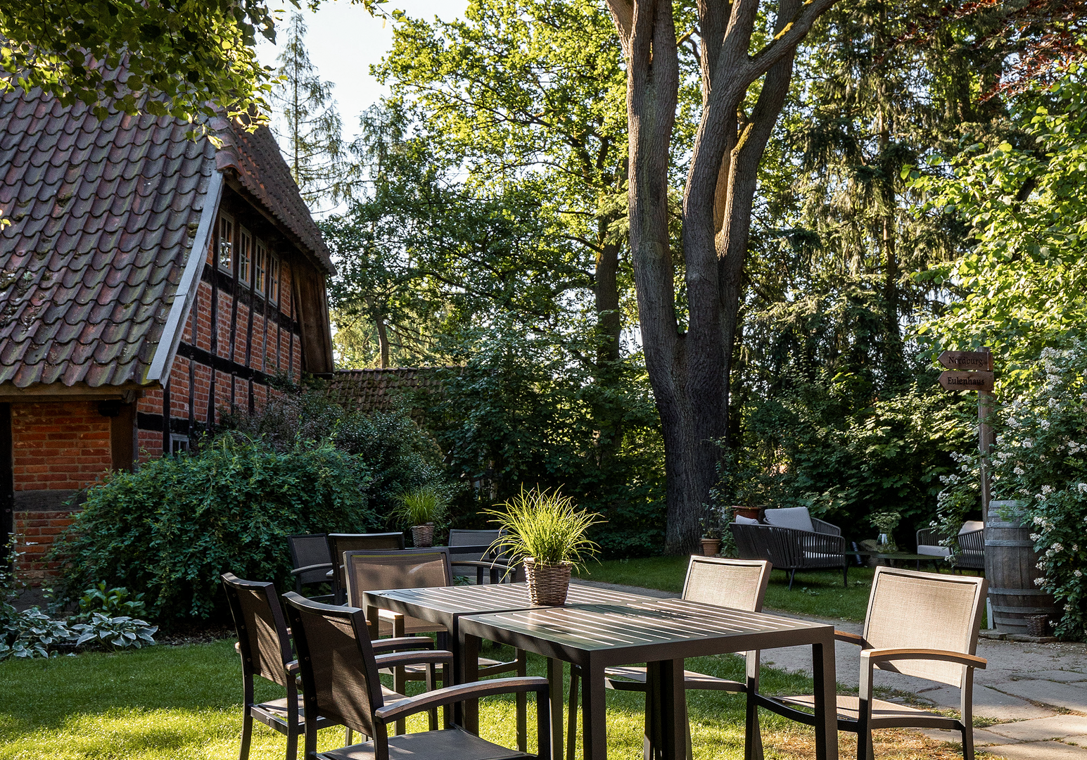 Garten mit Tisch und Stühlen unter einem Baum im Halbschatten