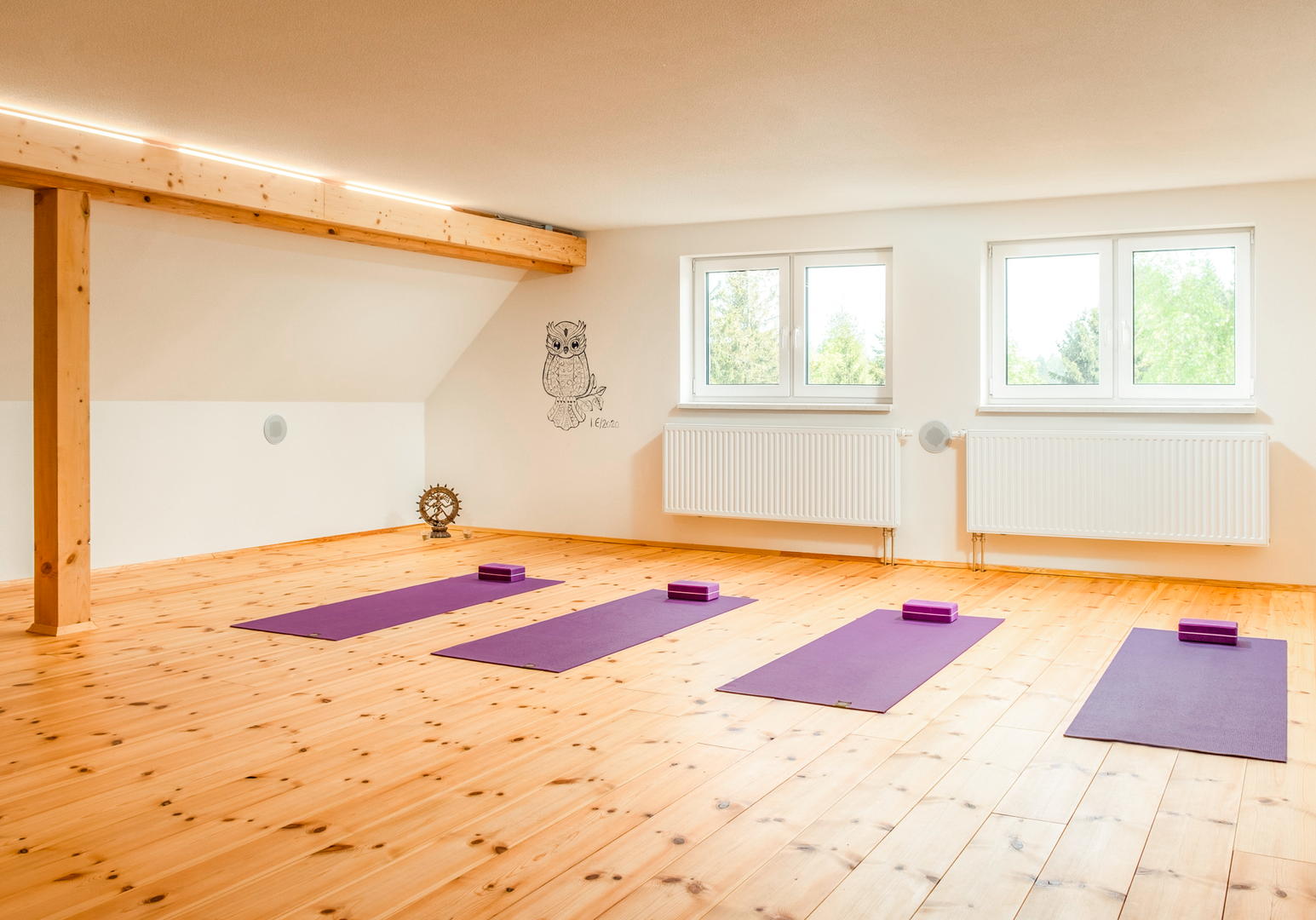 Heller Yogaraum mit Matten auf Holzboden und großen Fenstern