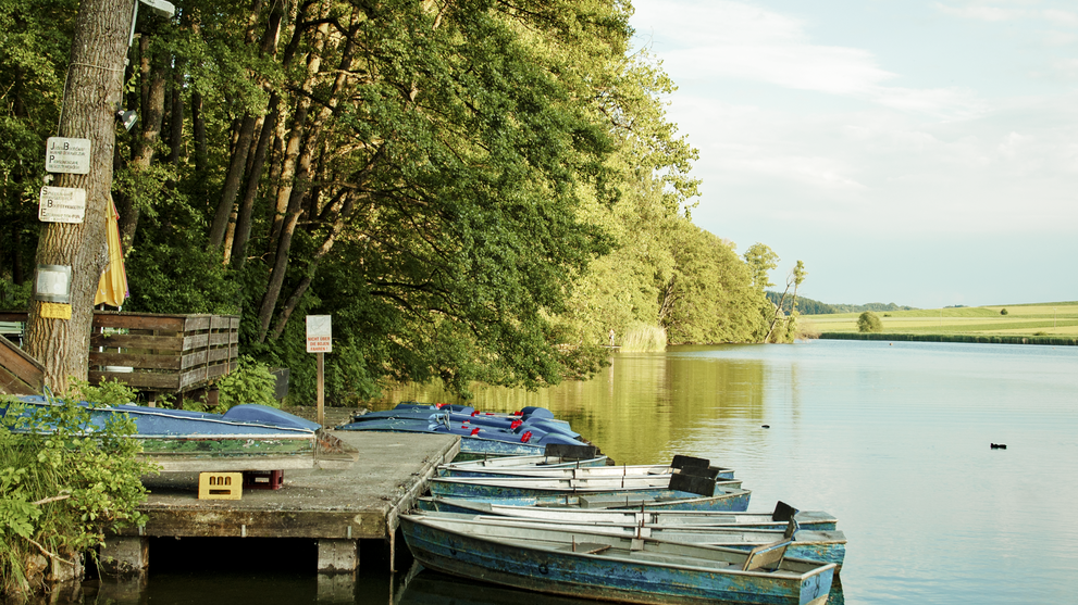 Mehrere Boote am Holzsteg auf ruhigem Fluss oder See, umgeben von grünen Bäumen