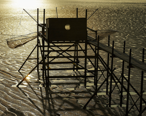 Holzsteg oder Plattform im Wasser, beleuchtet von tief stehender Sonne