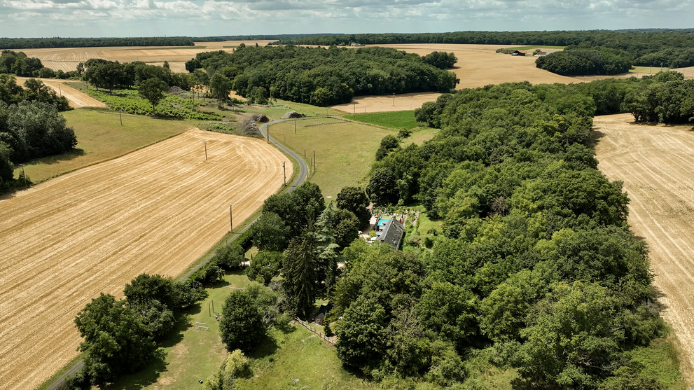 Weite Landschaft mit Feldern, Wäldern und einem kleinen Weg aus der Vogelperspektive