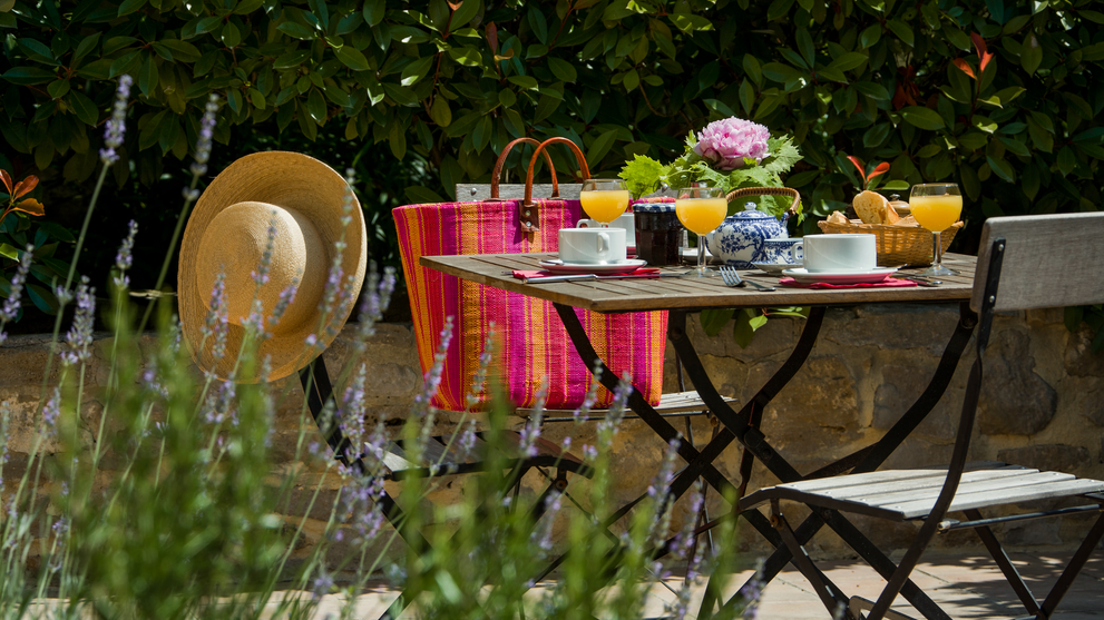 Gedeckter Tisch mit bunten Stühlen im Garten unter Bäumen