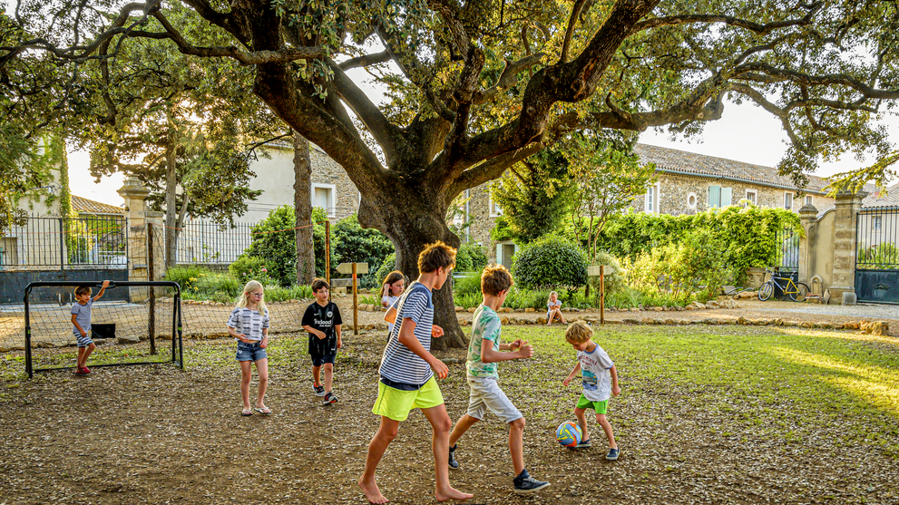 Kinder spielen Fußball unter einem großen Baum 
