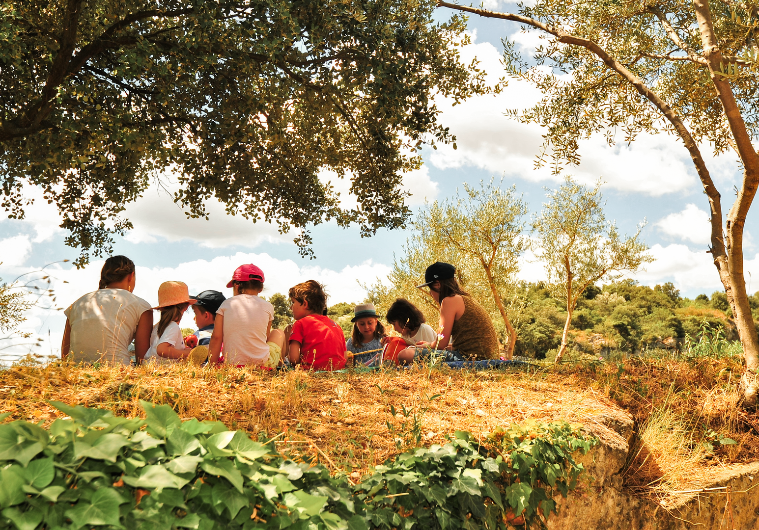 Kinder sitzen gemeinsam im Schatten eines Baumes und schauen in die Landschaft