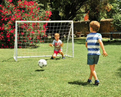 Kinder spielen Fußball auf einer Wiese mit kleinem Tor