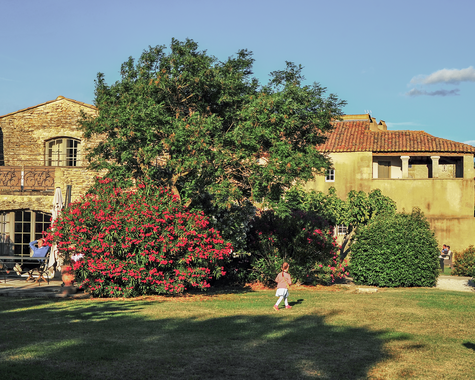 Ferienanlage mit Garten, Bäumen und Gebäuden im Hintergrund