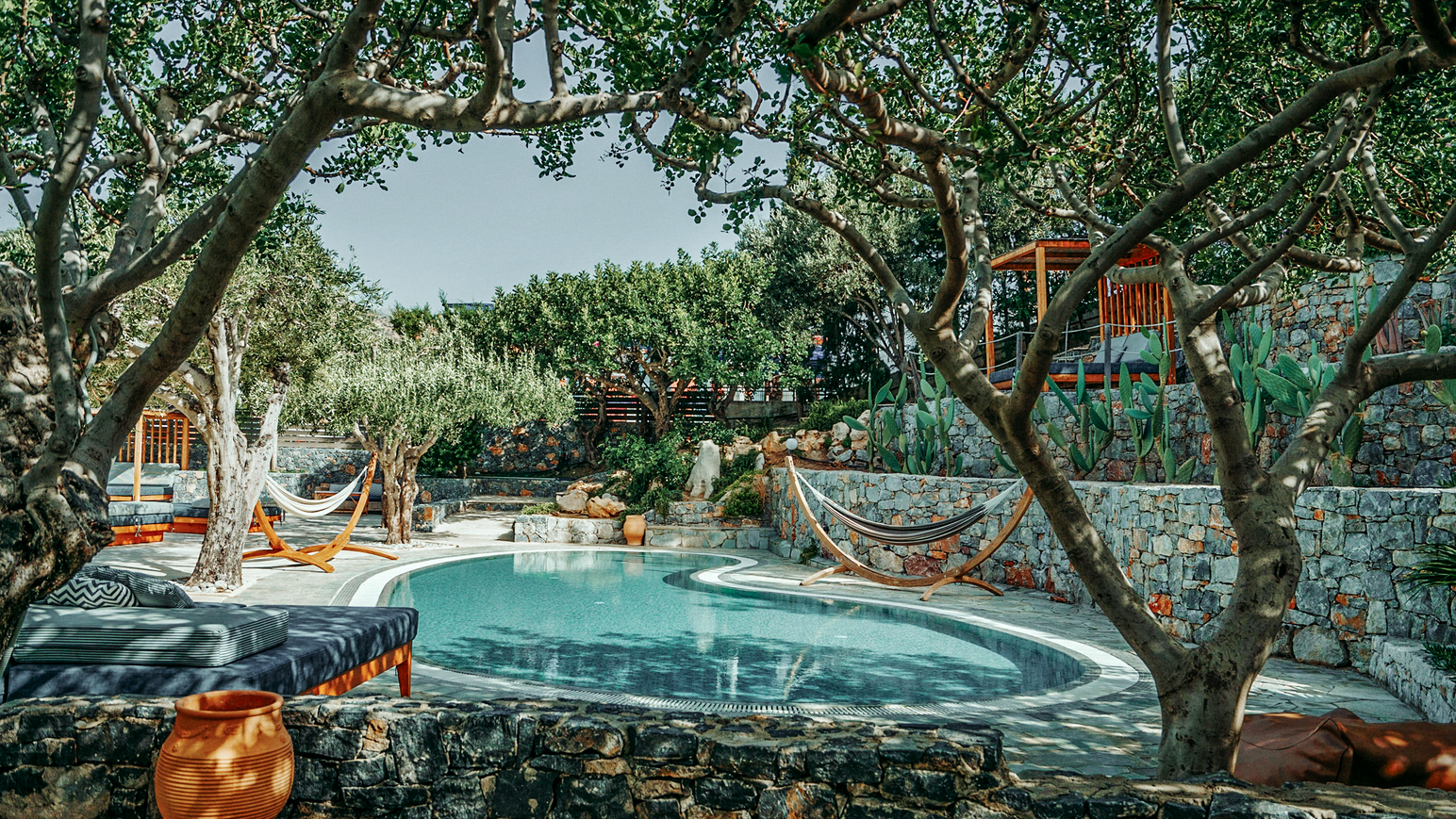 Schattiger Gartenbereich mit Pool zwischen alten Olivenbäumen