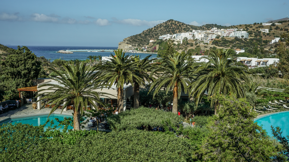 Blick über Palmen, Poolanlage und Küstenlandschaft am Meer