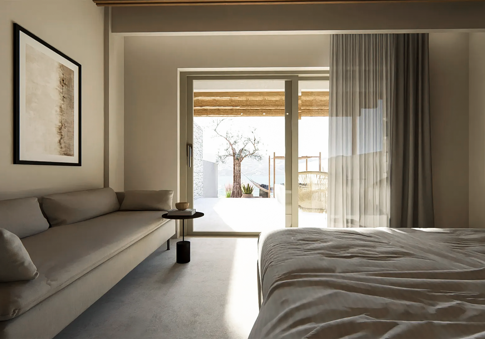 Schlafzimmer mit Doppelbett, Sofa und großem Fenster