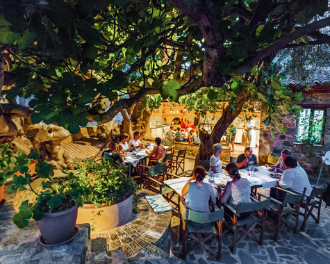 Außenbereich eines Restaurants oder Gartens mit beleuchteten Tischen unter Bäumen am Abend.
