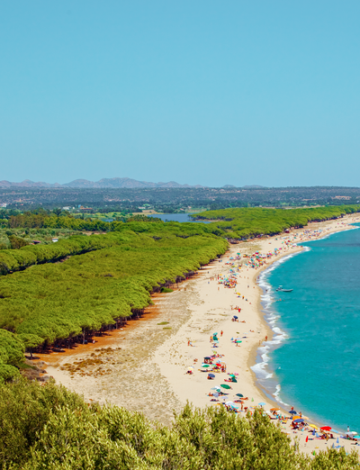 Luftaufnahme einer Küstenlandschaft mit Strand, Meer und Flusslauf.