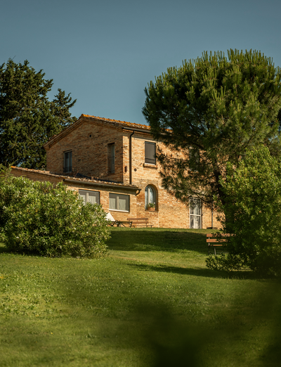 Landhaus umgeben von gepflegten Rasenflächen, Bäumen und mediterranen Pflanzen.