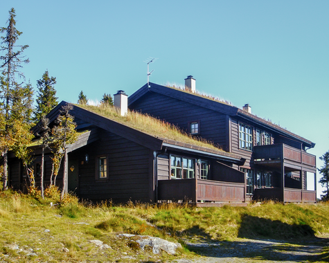 Traditionelles Holzhaus inmitten einer bergigen Landschaft.